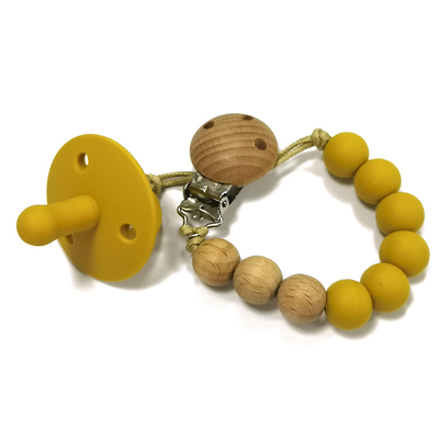 ODM ที่รัก Teething Chew ผู้ถือจุกซิลิโคนจุกไม้ลูกปัด Pacifier Clip